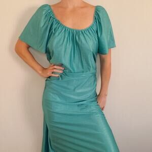 Vintage NWOT Nylon Flowy Nightgown Teal Short Flutter Sleeves Boat Neck Medium